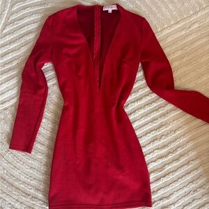 Deep V Red Long Sleeve Dress